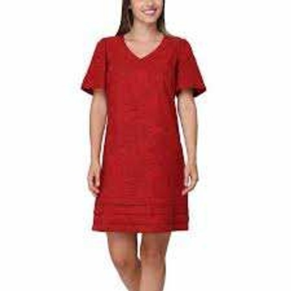 Nicole Miller Red Linen Leaf Print V Neck Short Sleeve‎ Dress Sz XXL